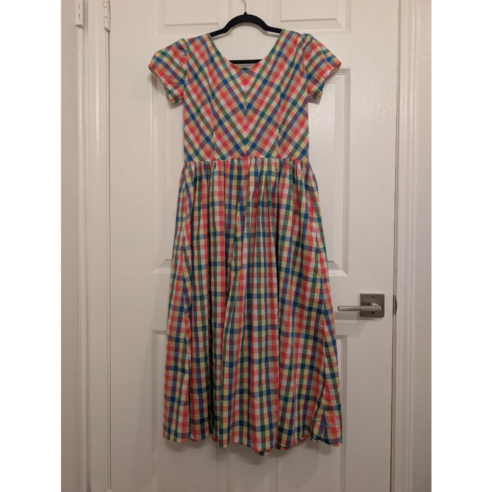 Vintage Handmade Rainbow Multi-Color Gingham Plaid Picnic Dress Cottagecore - Picture 4 of 8